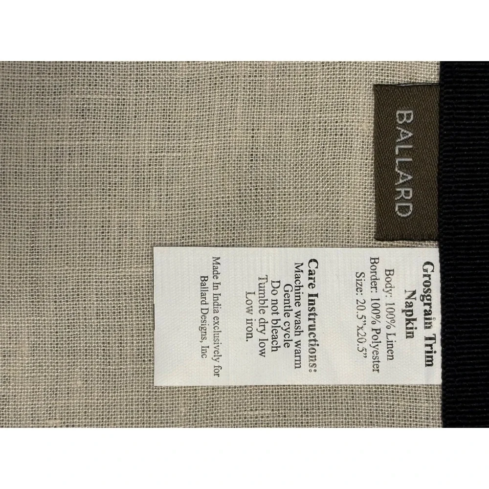 Ballard Designs Napkins Oatmeal Black Grosgrain Trim Linen Set of 4‎ BL253